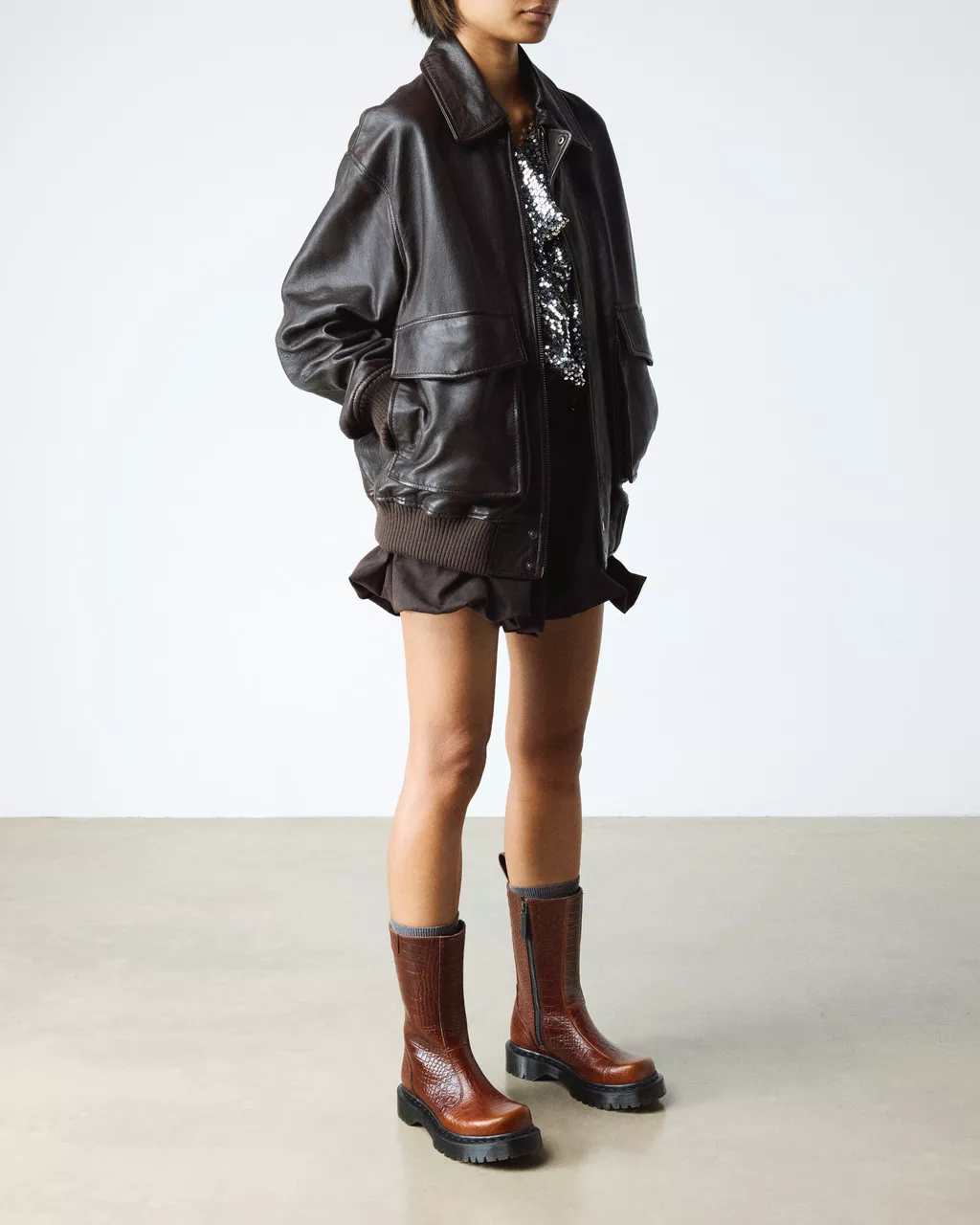 Dr. Martens Rejena Hair On Croc Embossed Leather Boots - Mocha Brown - Image 2