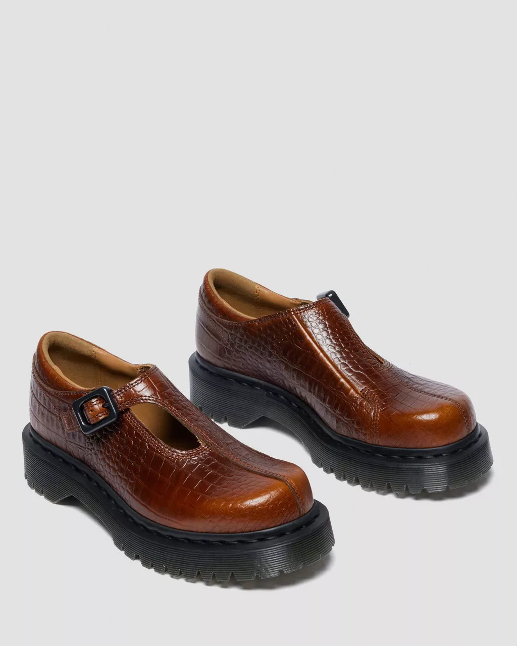 Dr. Martens Rejena Mary Jane Croc Embossed Leather Shoes - Mocha Brown - Image 4