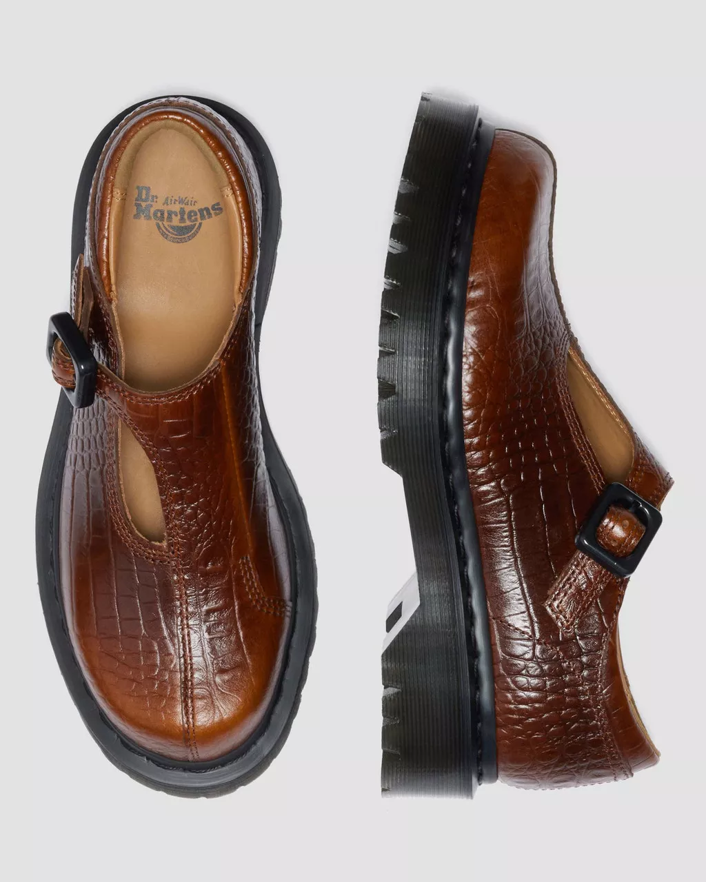 Dr. Martens Rejena Mary Jane Croc Embossed Leather Shoes - Mocha Brown - Image 9