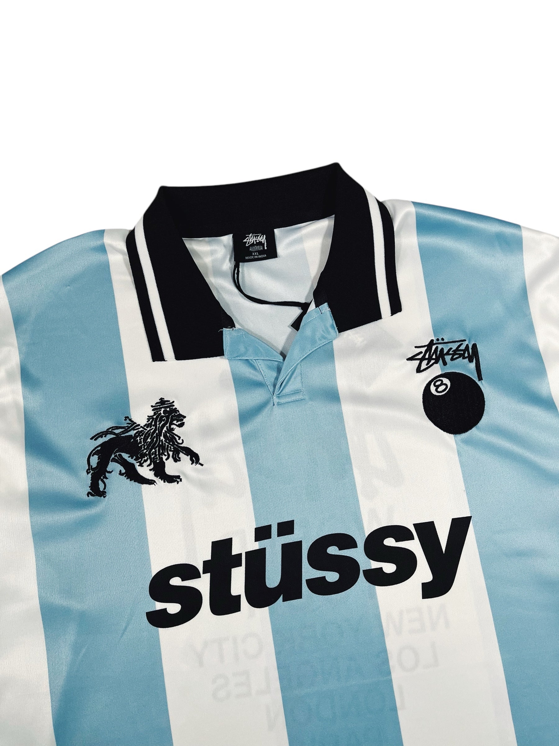 Stüssy Football Long Sleeve Polo Shirt Blue & White - Image 4