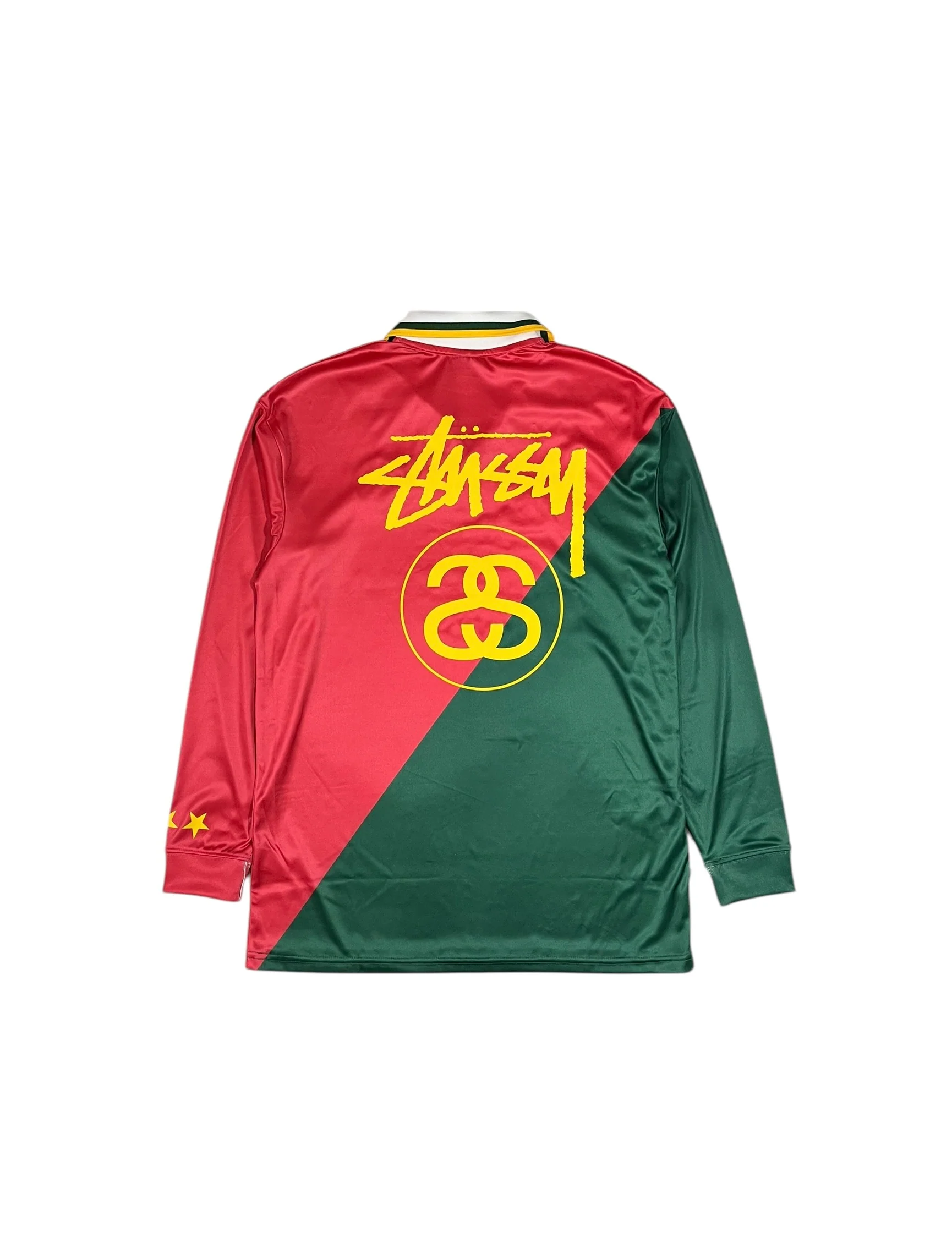 Stüssy Football Long Sleeve Polo Shirt Green & Red - Image 2