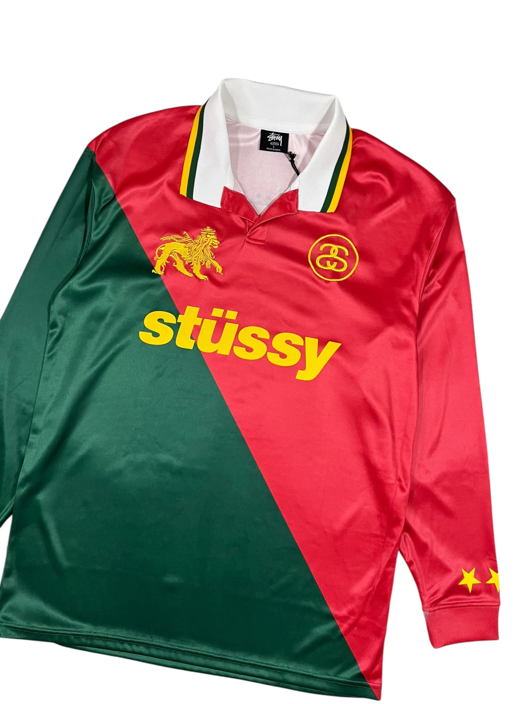 Stüssy Football Long Sleeve Polo Shirt Green & Red - Image 3