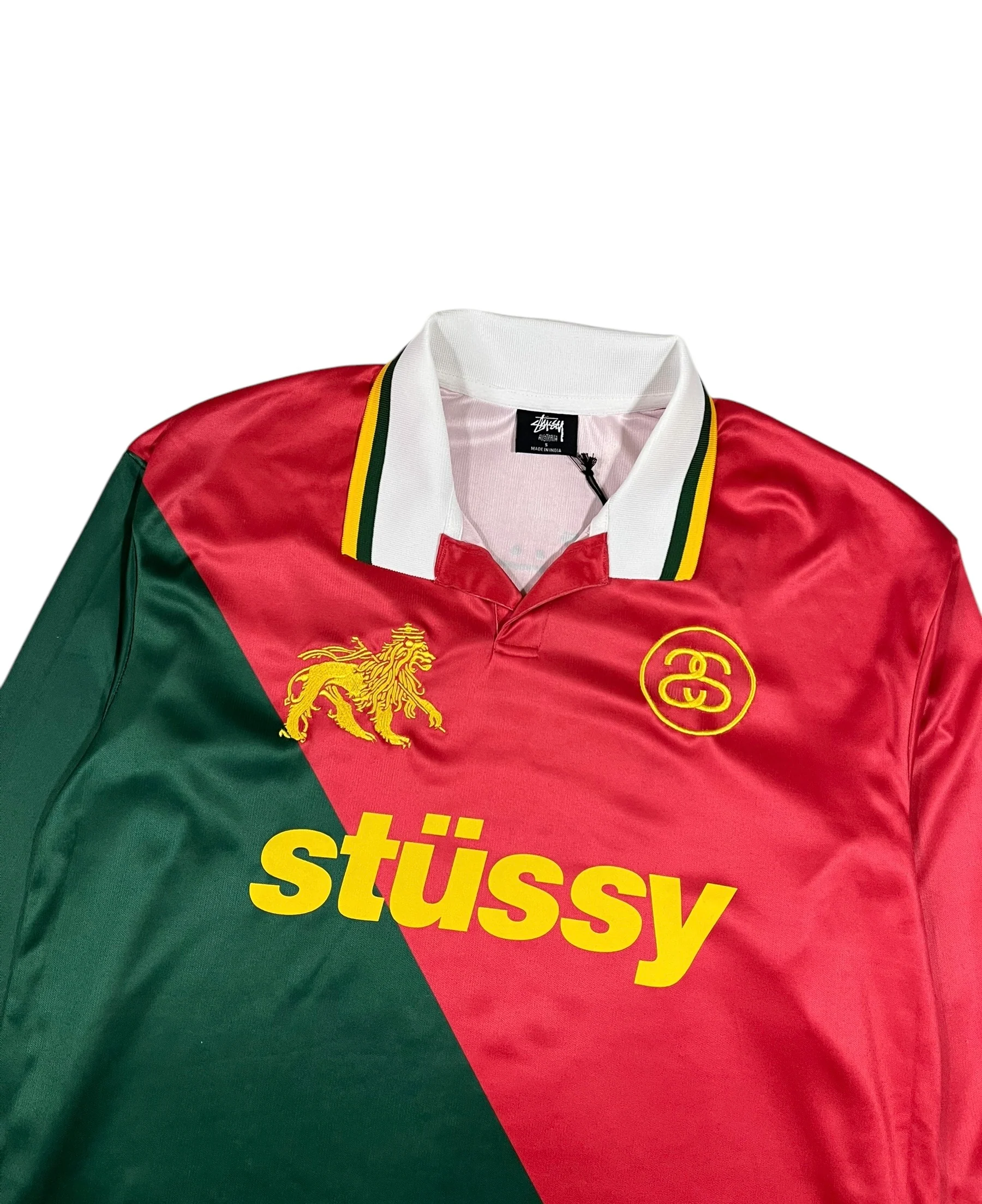 Stüssy Football Long Sleeve Polo Shirt Green & Red - Image 4