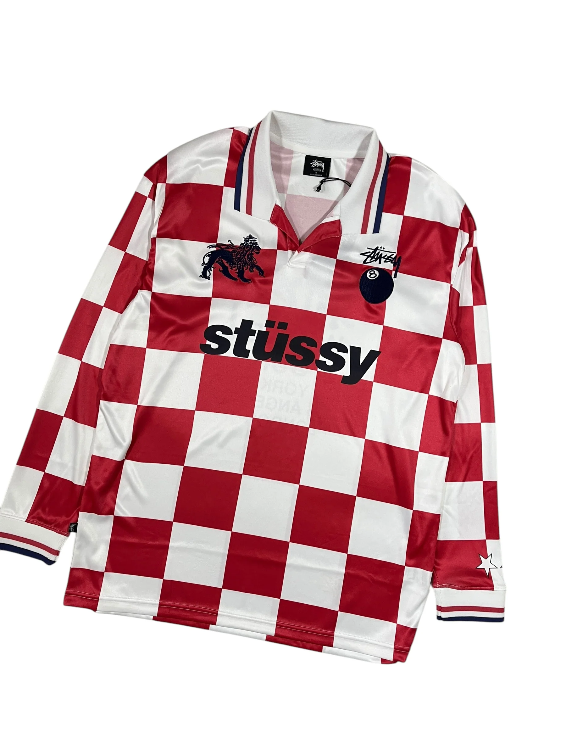 Stüssy Football Long Sleeve Polo Shirt Red & White Check - Image 2