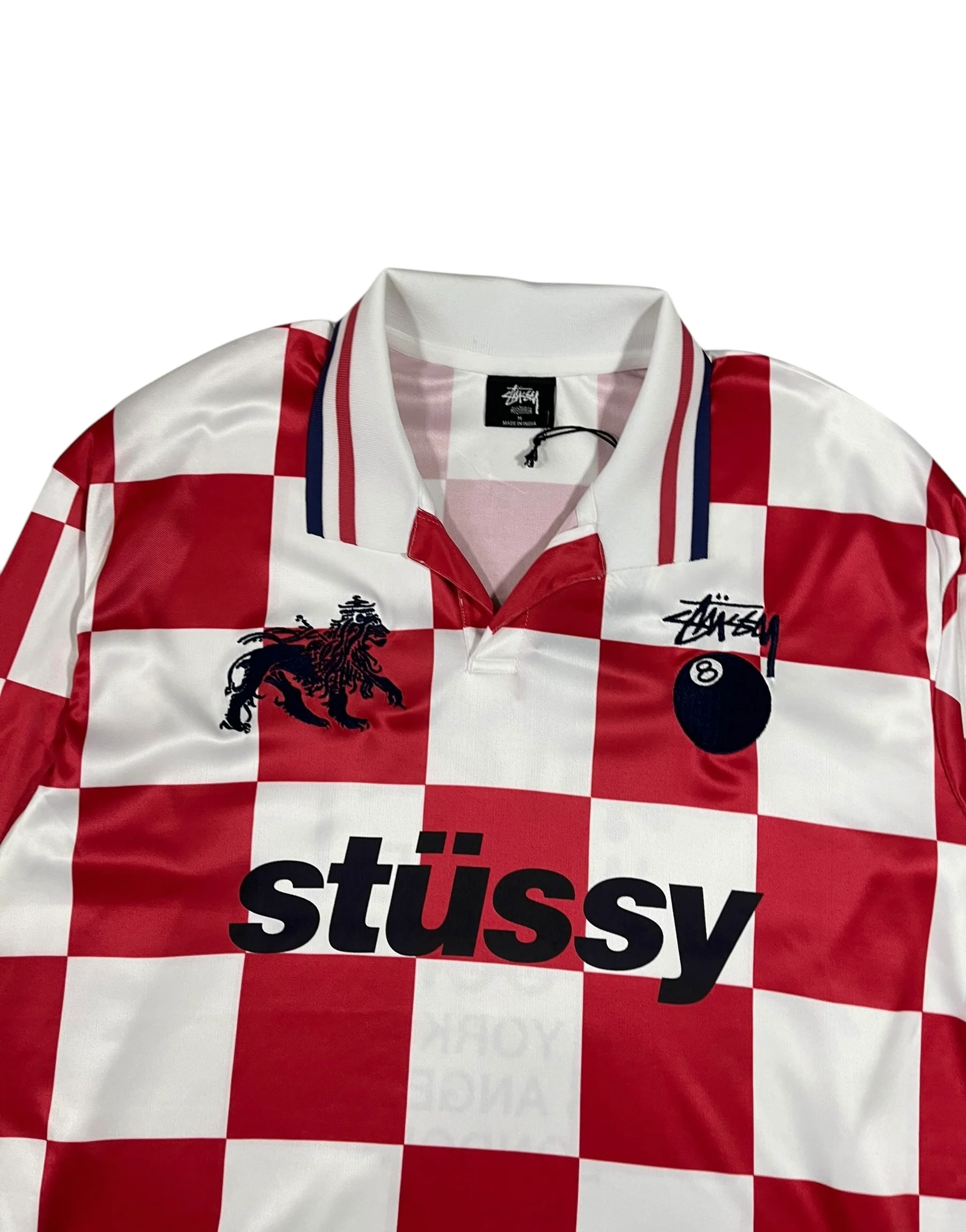 Stüssy Football Long Sleeve Polo Shirt Red & White Check - Image 3